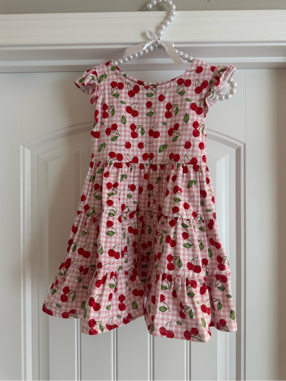 Rare Editions Pink Gingham & Cherry Print Tiered Dress